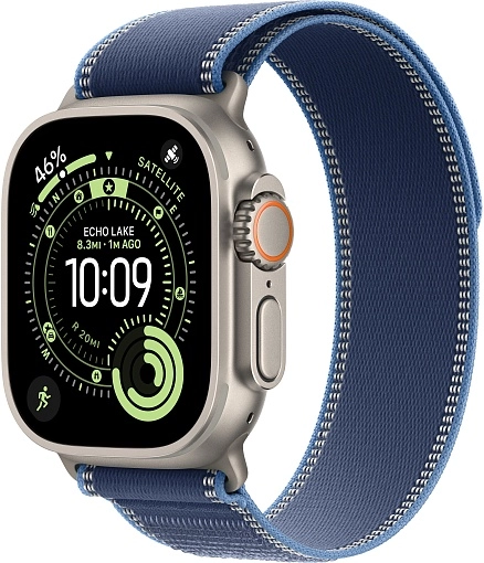 Apple Watch Ultra 3 49 мм, корпус из натурального титана, ремешок Trail синего цвета, размер S/M